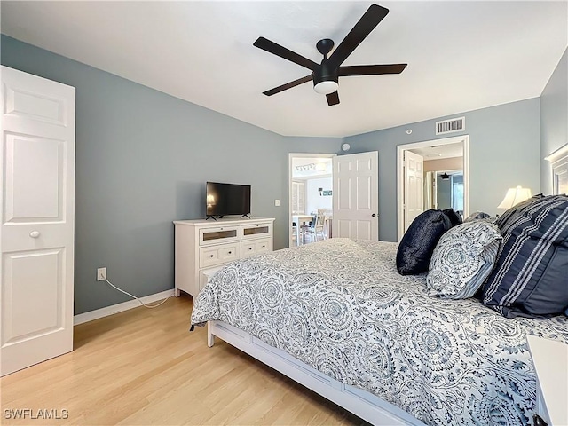 bedroom featuring ceiling fan and light hardwood / wood-style flooring