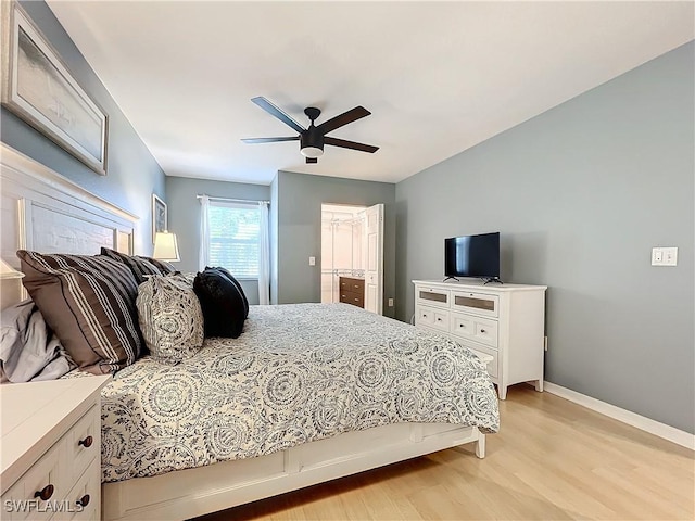 bedroom with ceiling fan, ensuite bathroom, and light hardwood / wood-style floors