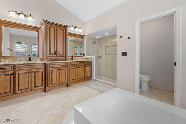 full bathroom with lofted ceiling, separate shower and tub, and tile patterned flooring