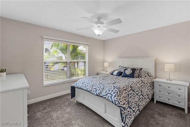 bedroom featuring dark carpet and ceiling fan