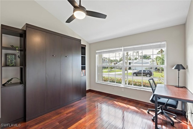 office space with ceiling fan, lofted ceiling, and dark hardwood / wood-style flooring