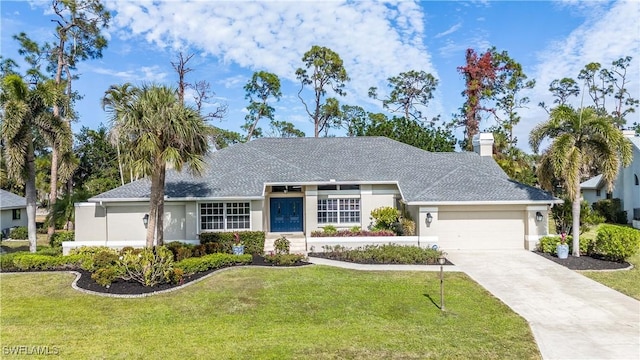 ranch-style home featuring a garage and a front lawn