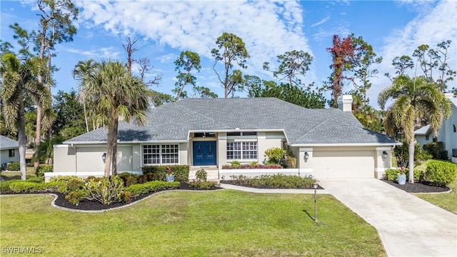 16648 Bobcat Ct, Fort Myers, FL 33908 - single story home with an attached garage, a front yard, concrete driveway, stucco siding, and a chimney