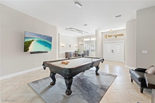16648 Bobcat Ct, Fort Myers, FL 33908 - playroom featuring light tile patterned flooring, billiards, baseboards, and a chandelier
