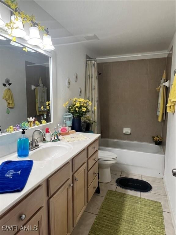 full bathroom with tile patterned flooring, vanity, shower / bathtub combination with curtain, and toilet