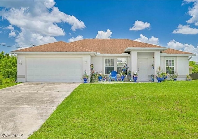 view of front of house featuring a garage and a front lawn