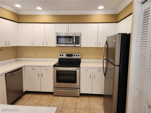 kitchen featuring white cabinetry, light tile patterned flooring, and appliances with stainless steel finishes