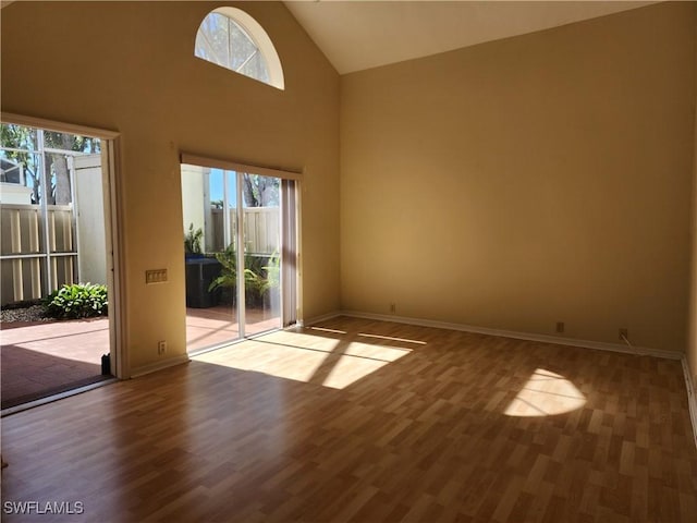 unfurnished room featuring high vaulted ceiling and light hardwood / wood-style flooring