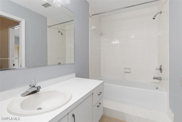 full bathroom with shower / bathing tub combination, vanity, and visible vents