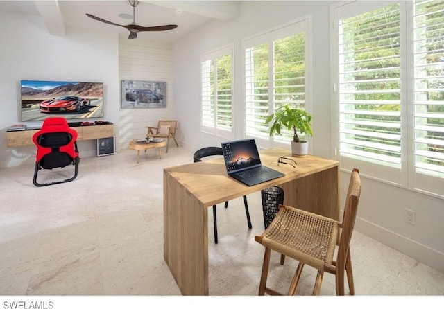 home office with ceiling fan and beam ceiling