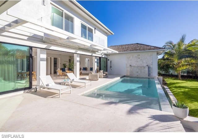 view of swimming pool featuring a pergola and a patio