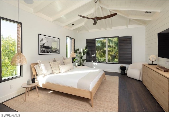 bedroom featuring hardwood / wood-style flooring, ceiling fan, lofted ceiling with beams, and wooden ceiling