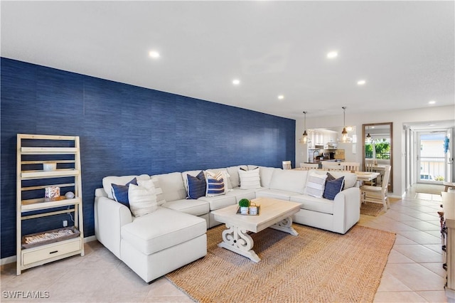 living room featuring light tile patterned floors