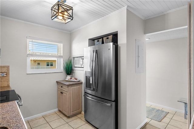 kitchen featuring light tile patterned floors, crown molding, stainless steel appliances, electric panel, and decorative light fixtures