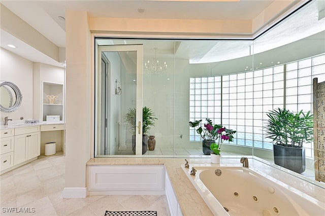 bathroom featuring tile patterned floors, vanity, and plus walk in shower