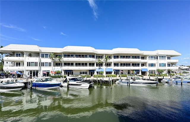 exterior space with a water view