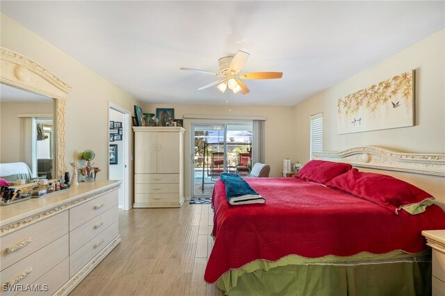 bedroom with ceiling fan, light hardwood / wood-style floors, and access to outside