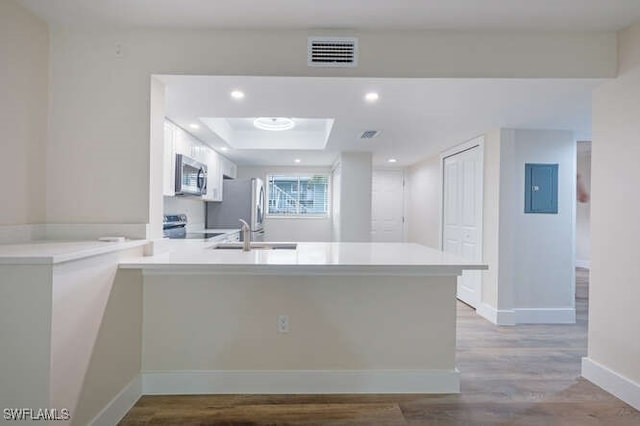 kitchen with appliances with stainless steel finishes, sink, white cabinets, light hardwood / wood-style floors, and kitchen peninsula