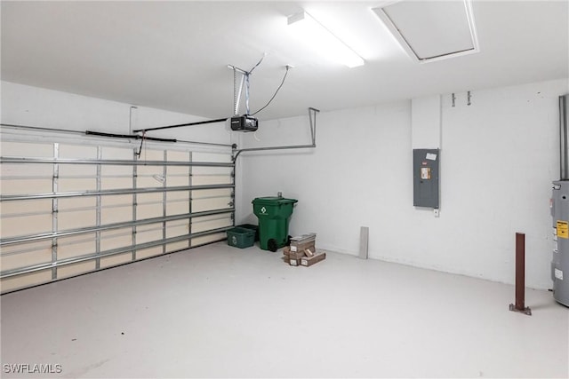 garage with a garage door opener, electric water heater, and electric panel