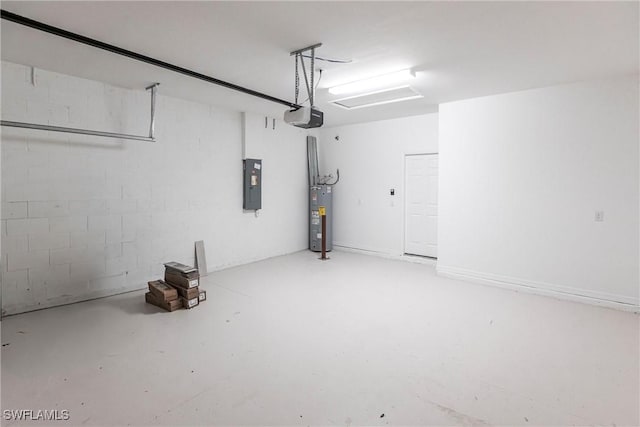 garage featuring a garage door opener, electric panel, and water heater