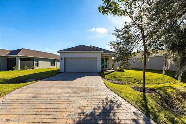 single story home with a garage and a front yard