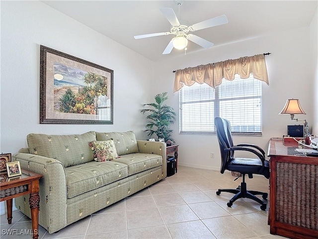 office area featuring light tile patterned flooring and ceiling fan