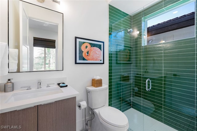 bathroom with vanity, a shower with shower door, and toilet