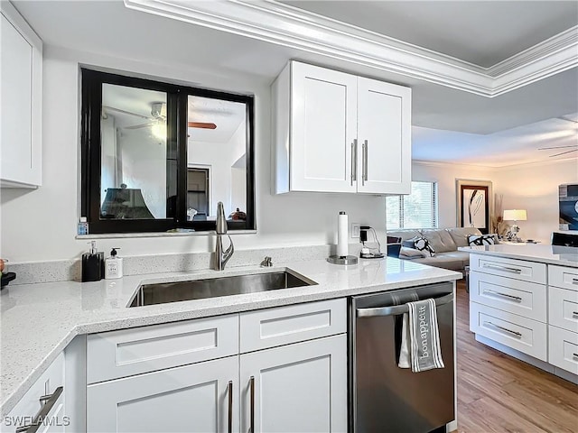 kitchen with sink, white cabinets, stainless steel dishwasher, ceiling fan, and crown molding