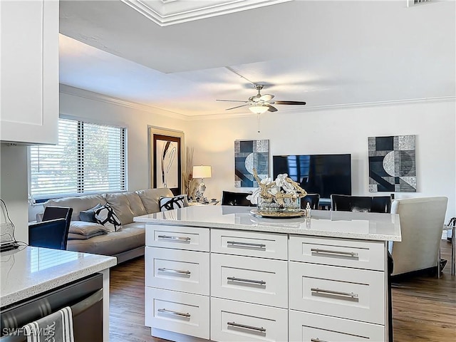 kitchen with crown molding, light stone countertops, dark wood-type flooring, and white cabinets