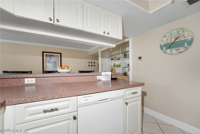 kitchen featuring crown molding, white cabinets, dishwasher, and light tile patterned floors