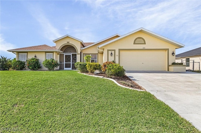 ranch-style house with a garage and a front yard