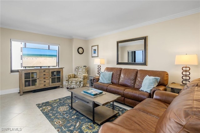 living room featuring crown molding and light tile patterned flooring