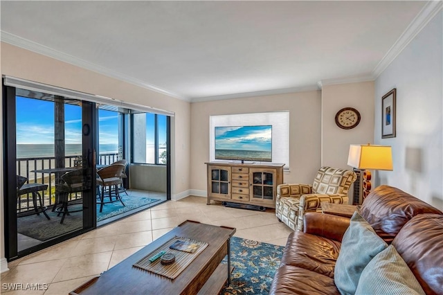 tiled living room with ornamental molding and a water view