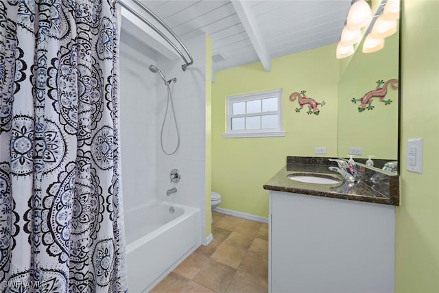 full bathroom with lofted ceiling with beams, tile patterned flooring, vanity, toilet, and shower / bath combo with shower curtain