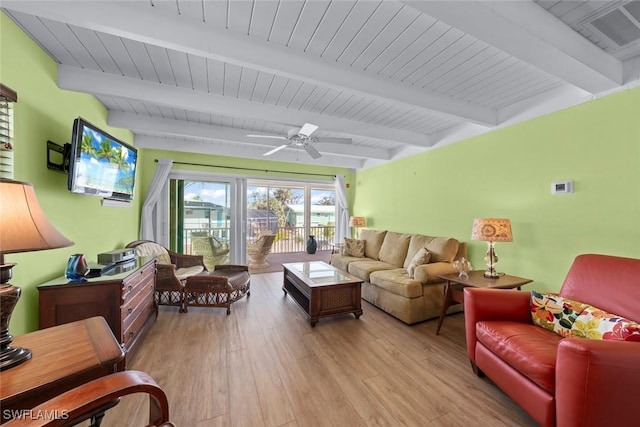 living room featuring ceiling fan, wood ceiling, beamed ceiling, and light wood-type flooring