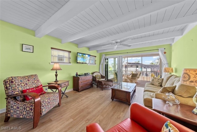 living room featuring beamed ceiling, ceiling fan, and light hardwood / wood-style floors