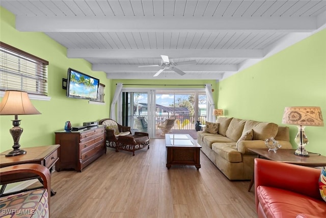 living room featuring beamed ceiling, wooden ceiling, and light wood-type flooring