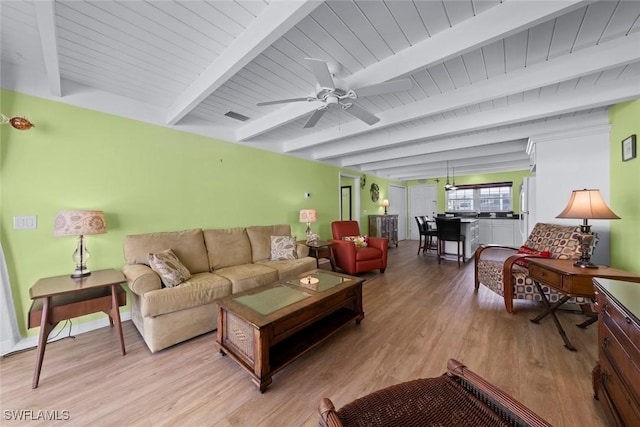 living room featuring beamed ceiling, ceiling fan, and light wood-type flooring