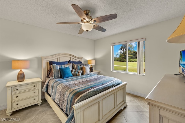 bedroom featuring a textured ceiling and ceiling fan