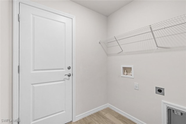 laundry room with electric dryer hookup, washer hookup, and light hardwood / wood-style floors