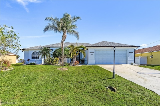 single story home featuring a garage and a front lawn