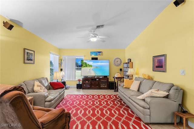 living room with ceiling fan