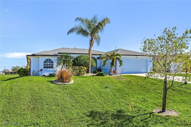 single story home with a garage and a front yard