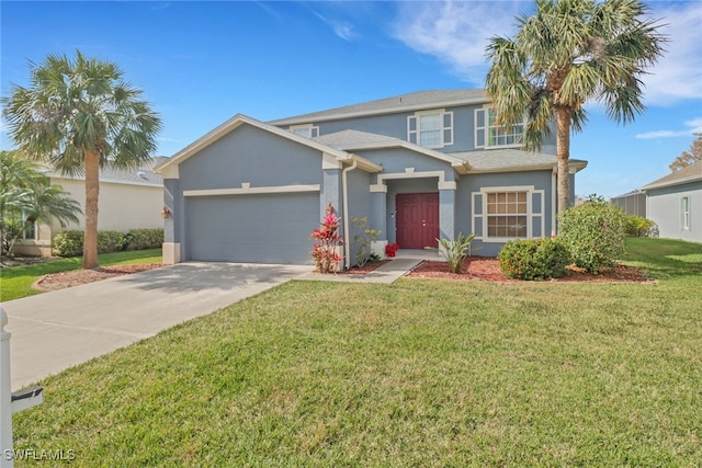 traditional-style home featuring stucco siding, a garage, concrete driveway, and a front yard