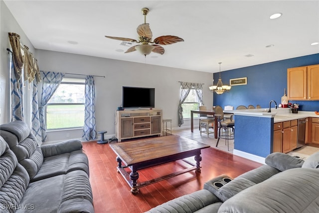 13380 Hampton Park Ct, Fort Myers, FL 33913 - living area with a chandelier, a ceiling fan, wood finished floors, and recessed lighting