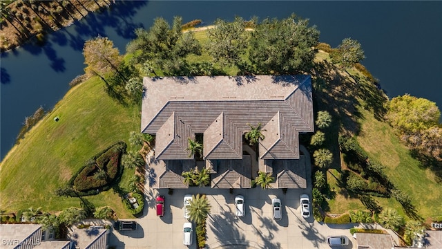 aerial view featuring a water view