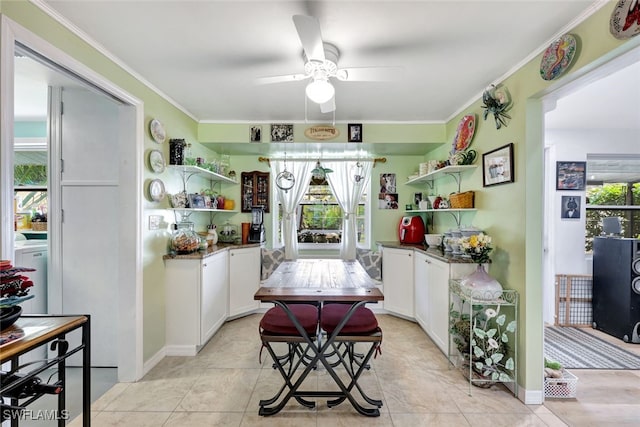 kitchen featuring ornamental molding, a wealth of natural light, and white cabinets