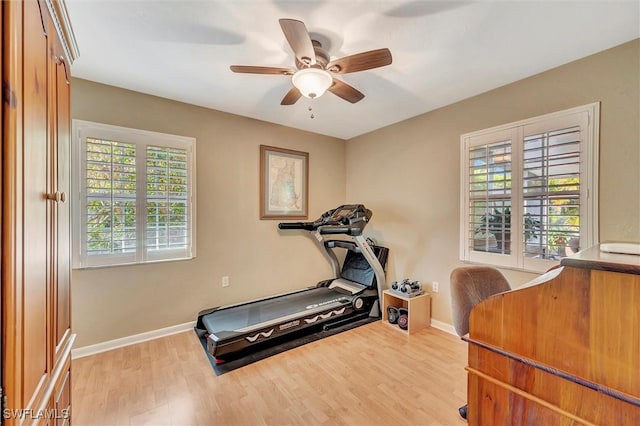 workout area featuring hardwood / wood-style flooring and ceiling fan