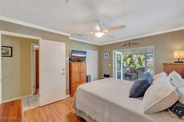 715 96th Ave N, Naples, FL 34108 - bedroom with light wood-type flooring, ornamental molding, access to exterior, ceiling fan, and baseboards