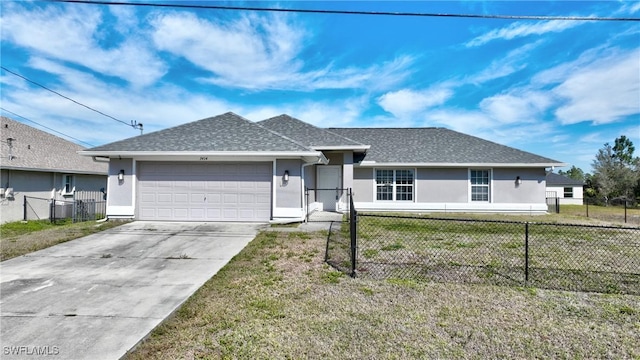 ranch-style house with a garage and a front lawn